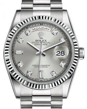 Rolex Day-Date 36 White Gold Silver Diamond Dial & Fluted Bezel President Bracelet 118239