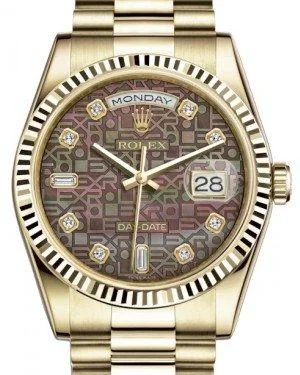 Rolex Day-Date 36 Yellow Gold Black Mother of Pearl Jubilee Diamond Dial & Fluted Bezel President Bracelet 118238