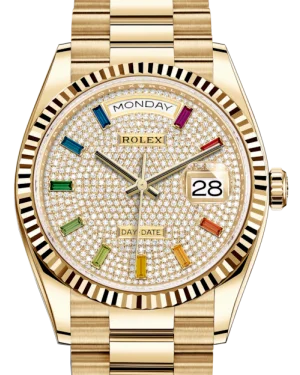 Rolex Day-Date 36 Yellow Gold Diamond Paved Rainbow Colored Sapphires Dial & Fluted Bezel President Bracelet 128238