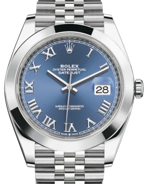 Rolex Datejust 41 Stainless Steel Blue Roman Dial Smooth Bezel Jubilee Bracelet 126300 -  New