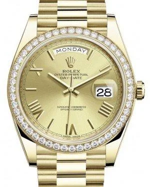 Rolex Day-Date 40 Yellow Gold Champagne Roman Dial & Diamond Bezel President Bracelet 228348RBR