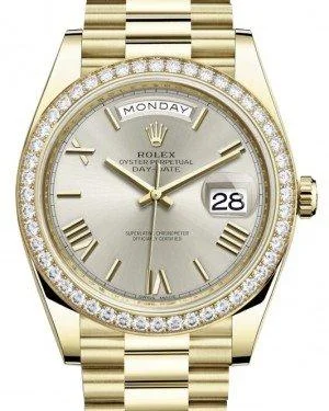 Rolex Day-Date 40 Yellow Gold Silver Roman Dial & Diamond Bezel President Bracelet 228348RBR