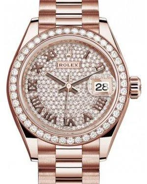 Rolex Lady Datejust 28 Rose Gold Diamond Paved Roman Dial & Diamond Bezel President Bracelet 279135RBR