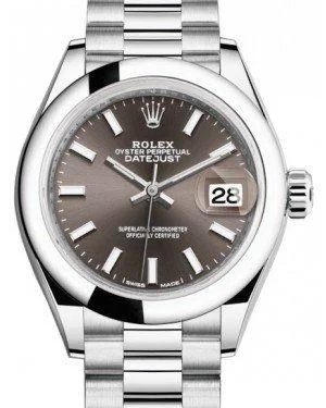 Rolex Lady Datejust 28 Platinum Dark Grey Index Dial & Smooth Domed Bezel President Bracelet 279166