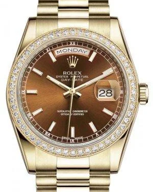 Rolex Day-Date 36 Yellow Gold Cognac Index Dial & Diamond Bezel President Bracelet 118348