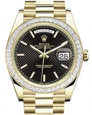 Rolex Day-Date 40 Yellow Gold Black Diagonal Motif Index Dial & Baguette Diamond Bezel President Bracelet 228398TBR