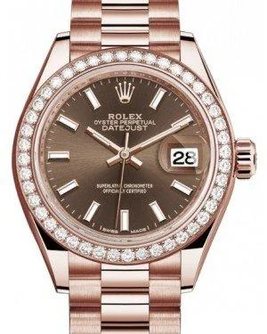 Rolex Lady Datejust 28 Rose Gold Chocolate Index Dial & Diamond Bezel President Bracelet 279135RBR