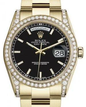 Rolex Day-Date 36 Yellow Gold Black Index Dial & Diamond Set Case & Bezel Oyster Bracelet 118388