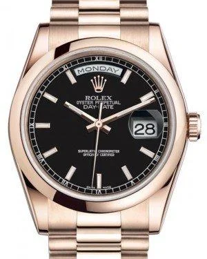 Rolex Day-Date 36 Rose Gold Black Index Dial & Smooth Domed Bezel President Bracelet 118205