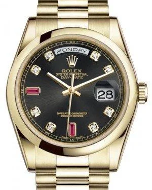 Rolex Day-Date 36 Yellow Gold Black Diamond & Rubies Dial & Smooth Domed Bezel President Bracelet 118208