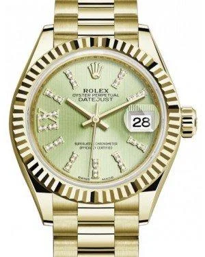 Rolex Lady Datejust 28 Yellow Gold Linden Diamond Index/Roman IX Dial & Fluted Bezel President Bracelet 279178