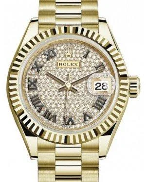 Rolex Lady Datejust 28 Yellow Gold Diamond Paved Roman Dial & Fluted Bezel President Bracelet 279178