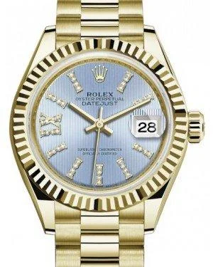 Rolex Lady Datejust 28 Yellow Gold Cornflower Blue Diamond Index/Roman IX Dial & Fluted Bezel President Bracelet 279178