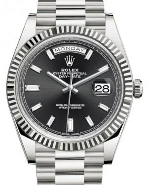 Rolex Day-Date 40 White Gold Black Diamond Dial & Fluted Bezel President Bracelet 228239 -  New