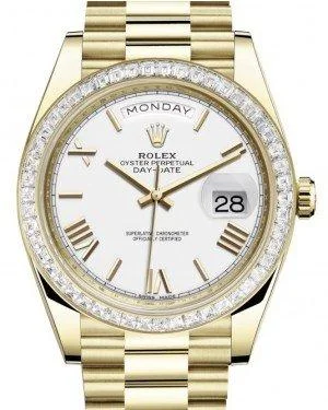 Rolex Day-Date 40 Yellow Gold White Roman Dial & Baguette Diamond Bezel President Bracelet 228398TBR