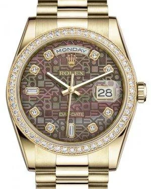 Rolex Day-Date 36 Yellow Gold Black Mother of Pearl Jubilee Diamond Dial & Diamond Bezel President Bracelet 118348