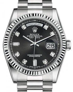 Rolex Day-Date 36 White Gold Black Diamond Dial & Fluted Bezel President Bracelet 118239