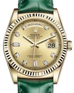 Rolex Day-Date 36 Yellow Gold Champagne Diamond Dial & Fluted Bezel Green Leather Strap 118138