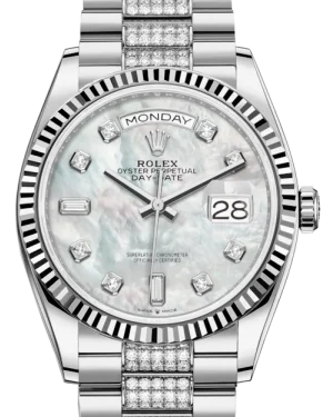 Rolex Day-Date 36 White Gold White Mother of Pearl Diamond Dial & Fluted Bezel Diamond Set President Bracelet 128239