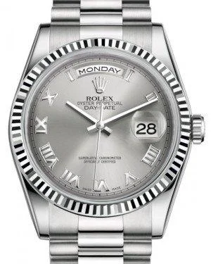 Rolex Day-Date 36 White Gold Rhodium Roman Dial & Fluted Bezel President Bracelet 118239