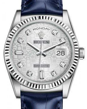 Rolex Day-Date 36 White Gold Silver Jubilee Diamond Dial & Fluted Bezel Blue Leather Strap 118139