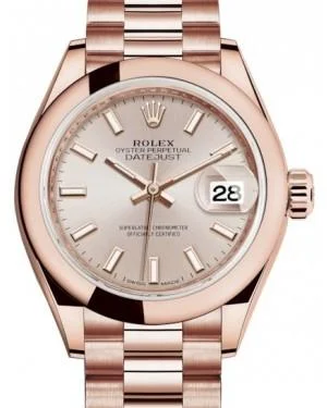 Rolex Lady Datejust 28 Rose Gold Sundust Index Dial & Smooth Domed Bezel President Bracelet 279165