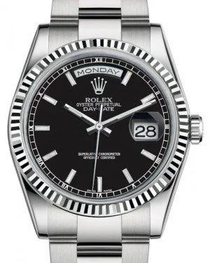 Rolex Day-Date 36 White Gold Black Index Dial & Fluted Bezel Oyster Bracelet 118239