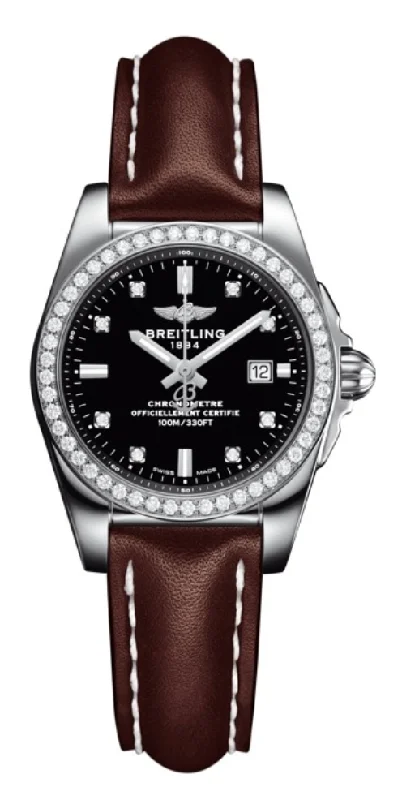 Breitling Galactic Steel Black Diamond Brown Leather Strap 29mm Dial