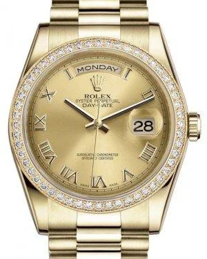 Rolex Day-Date 36 Yellow Gold Champagne Roman Dial & Diamond Bezel President Bracelet 118348