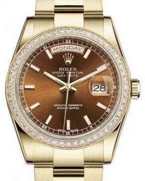 Rolex Day-Date 36 Yellow Gold Cognac Index Dial & Diamond Bezel Oyster Bracelet 118348