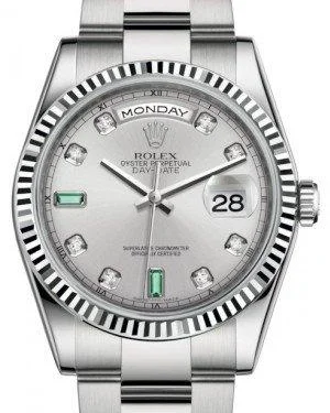 Rolex Day-Date 36 White Gold Rhodium Diamond & Emeralds Dial & Fluted Bezel Oyster Bracelet 118239