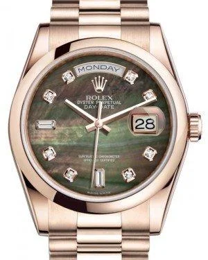 Rolex Day-Date 36 Rose Gold Black Mother of Pearl Diamond Dial & Smooth Domed Bezel President Bracelet 118205