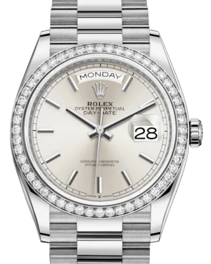 Rolex Day-Date 36 White Gold Silver Index Dial & Diamond Bezel President Bracelet 128239RBR