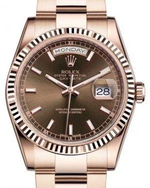 Rolex Day-Date 36 Rose Gold Chocolate Index Dial & Fluted Bezel Oyster Bracelet 118235