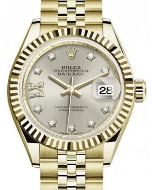 Rolex Lady Datejust 28 Yellow Gold Silver Diamond IX Dial & Fluted Bezel Jubilee Bracelet 279178