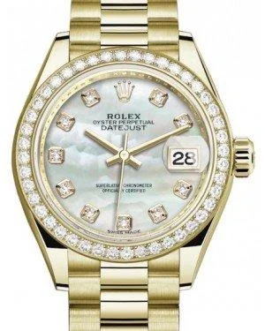 Rolex Lady Datejust 28 Yellow Gold White Mother of Pearl Diamond Dial & Diamond Bezent Bracelet 279138RBRPresid