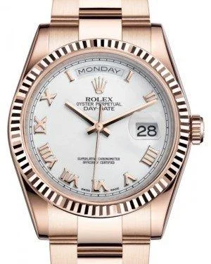 Rolex Day-Date 36 Rose Gold White Roman Dial & Fluted Bezel Oyster Bracelet 118235