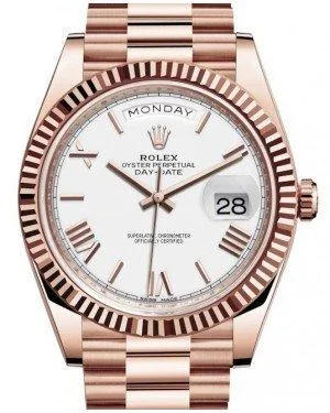 Rolex Day-Date 40 Everose Watch Fluted Bezel White Bevelled Roman Dial