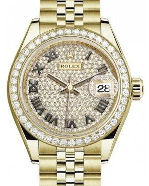 Rolex Lady Datejust 28 Yellow Gold Diamond Paved Roman Dial & Diamond Bezel Jubilee Bracelet 279138RBr