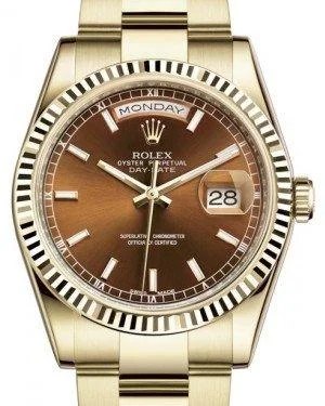 Rolex Day-Date 36 Yellow Gold Cognac Index Dial & Fluted Bezel Oyster Bracelet 118238