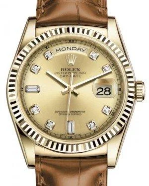 Rolex Day-Date 36 Yellow Gold Champagne Diamond Dial & Fluted Bezel Cognac Leather Strap 118138