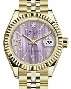 Rolex Lady Datejust 28 Yellow Gold Lilac Diamond Index/Roman IX Dial & Fluted Bezel Jubilee Bracelet 279178