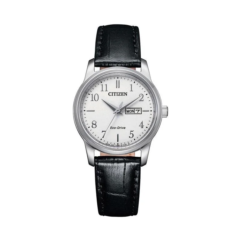 Citizen Eco-drive White Analog Black Leather