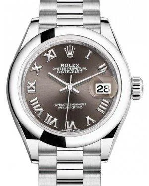 Rolex Lady Datejust 28 Platinum Dark Grey Roman Dial & Smooth Domed Bezel President Bracelet 279166