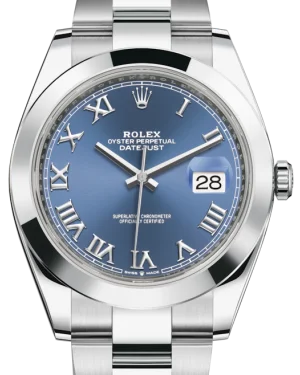 Rolex Datejust 41 Stainless Steel Blue Roman Dial Smooth Bezel Oyster Bracelet 126300 -  New