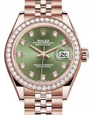 Rolex Lady Datejust 28 Rose Gold Olive Green Diamond Dial & Diamond Bezel Jubilee Bracelet 279135RBR