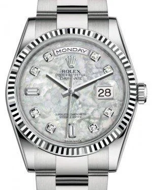 Rolex Day-Date 36 White Gold White Mother of Pearl Diamond Dial & Fluted Bezel Oyster Bracelet 118239