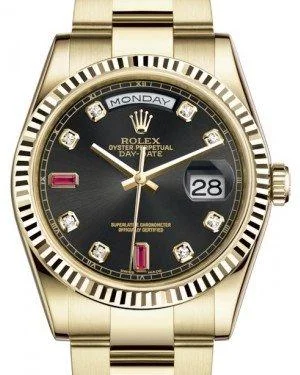 Rolex Day-Date 36 Yellow Gold Black Diamond & Rubies Dial & Fluted Bezel Oyster Bracelet 118238