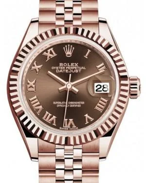 Rolex Lady Datejust 28 Rose Gold Chocolate Roman Dial & Fluted Bezel Jubilee Bracelet 279175