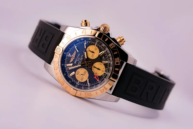 Breitling Chronomat 44 GMT 18kt gold/SS Black Dial, Ref. CB042012|BB86 on Diver Pro III Strap with Micro Adjustment Folding Buckle